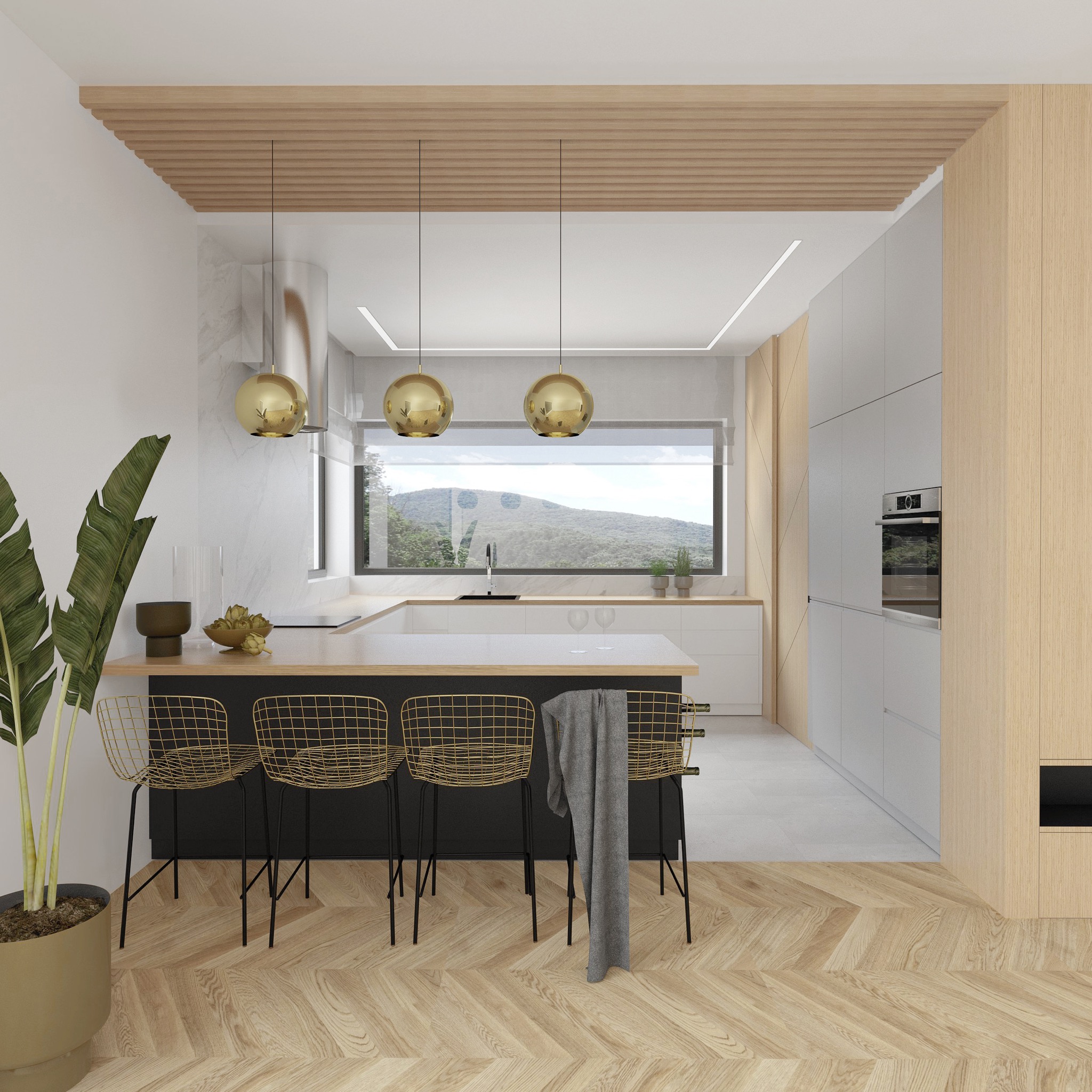 Wizualizacja nowoczesnej kuchni z wyspą, złotymi lampami kulami i krzesłami barowymi, widok na góry za oknem, parkiet ułożony w jodełkę.