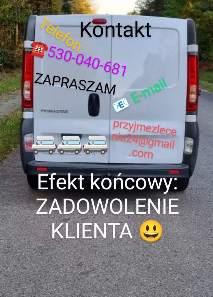 Tył białego samochodu dostawczego z naklejonymi danymi kontaktowymi: numer telefonu, adres email i hasło 'Efekt końcowy: Zadowolenie klienta'.