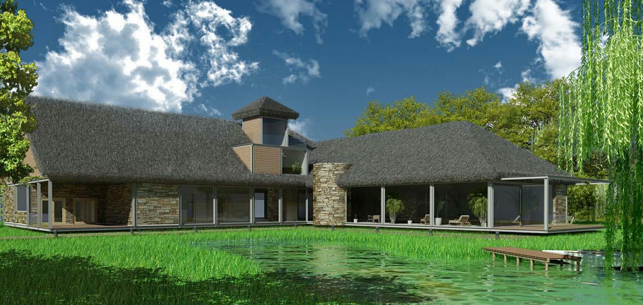 Wizualizacja domu z trzcinowym dachem, kamienną elewacją i dużymi przeszkleniami, otoczonego wodą i zielenią, w tle błękitne niebo z chmurami.
