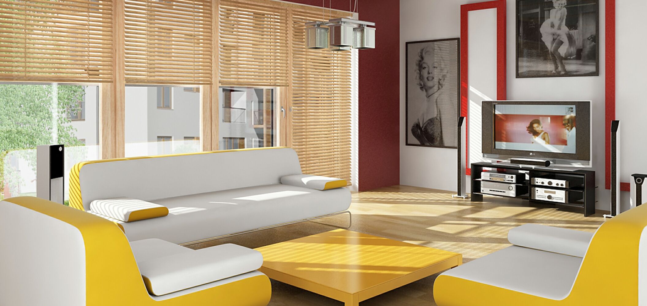 Wizualizacja salonu z białymi meblami z żółtymi akcentami, drewnianymi żaluzjami i obrazami na ścianie.