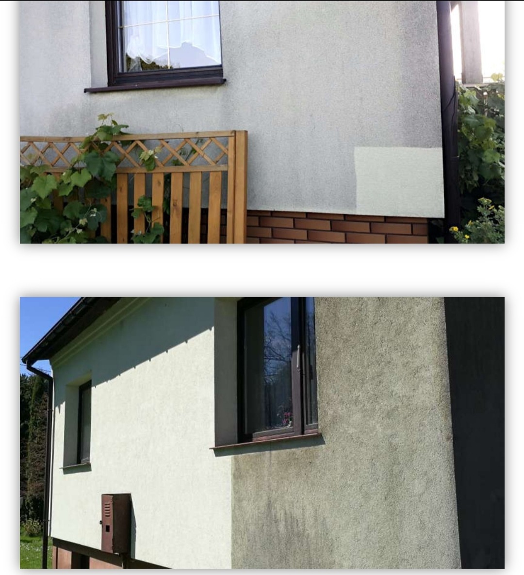 Fragment elewacji budynku z drewnianym płotkiem i rosnącymi pnączami, widoczne okno z firanką.