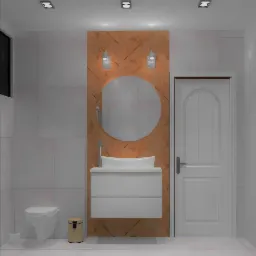 Wizualizacja łazienki z umywalką nablatową na szafce, okrągłym lustrem podświetlonym lampami ściennymi, toaletą wiszącą i drewnianą ścianą w jodełkę.