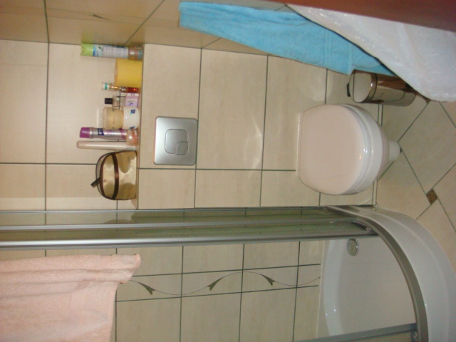 Fragment łazienki z kabiną prysznicową, toaletą i półką z kosmetykami, widok na beżowe płytki i srebrne detale.