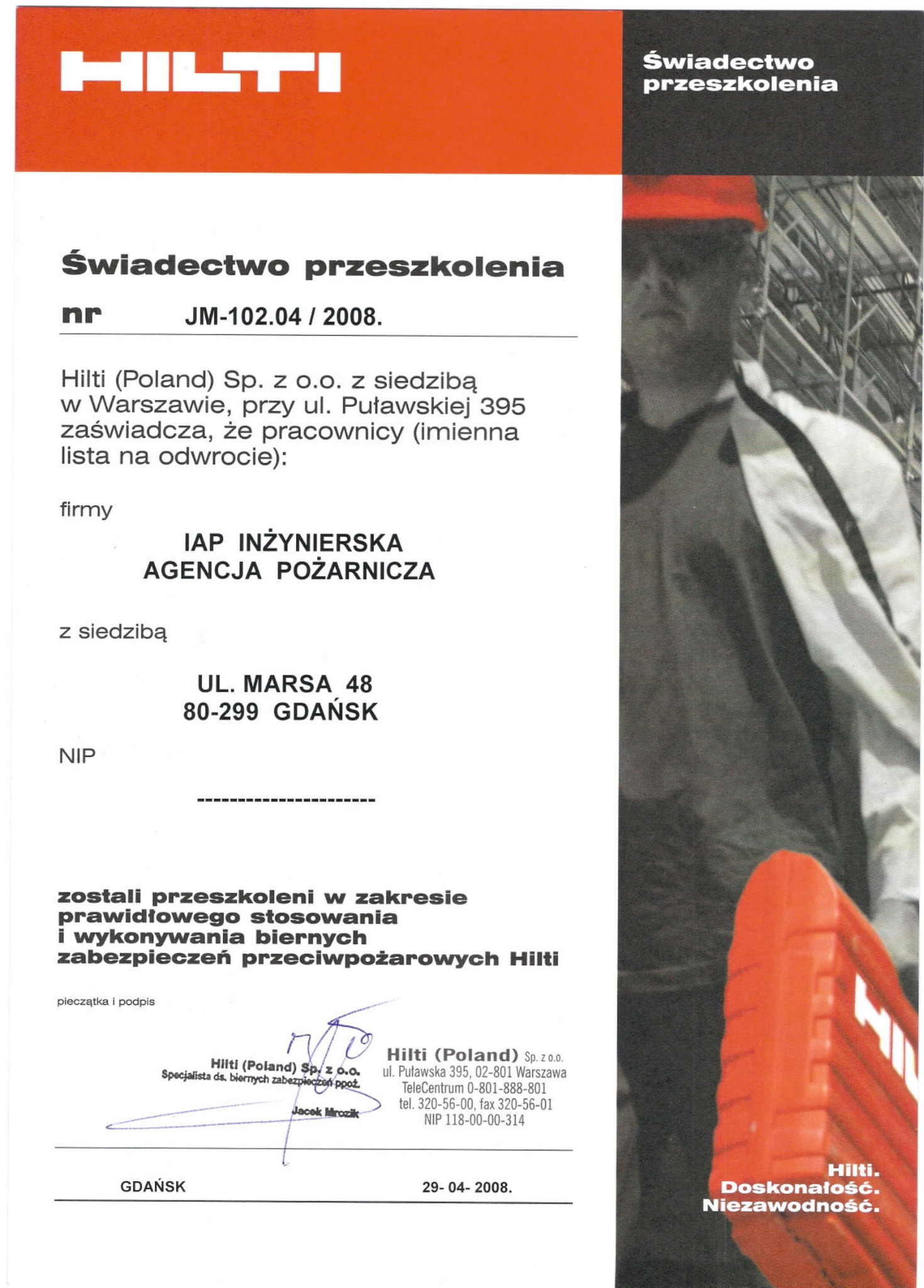 Skan świadectwa przeszkolenia firmy IAP Inżynierska Agencja Pożarnicza w zakresie prawidłowego stosowania i wykonywania biernych zabezpieczeń przeciwpożarowych Hilti, wydanego przez Hilti (Poland...