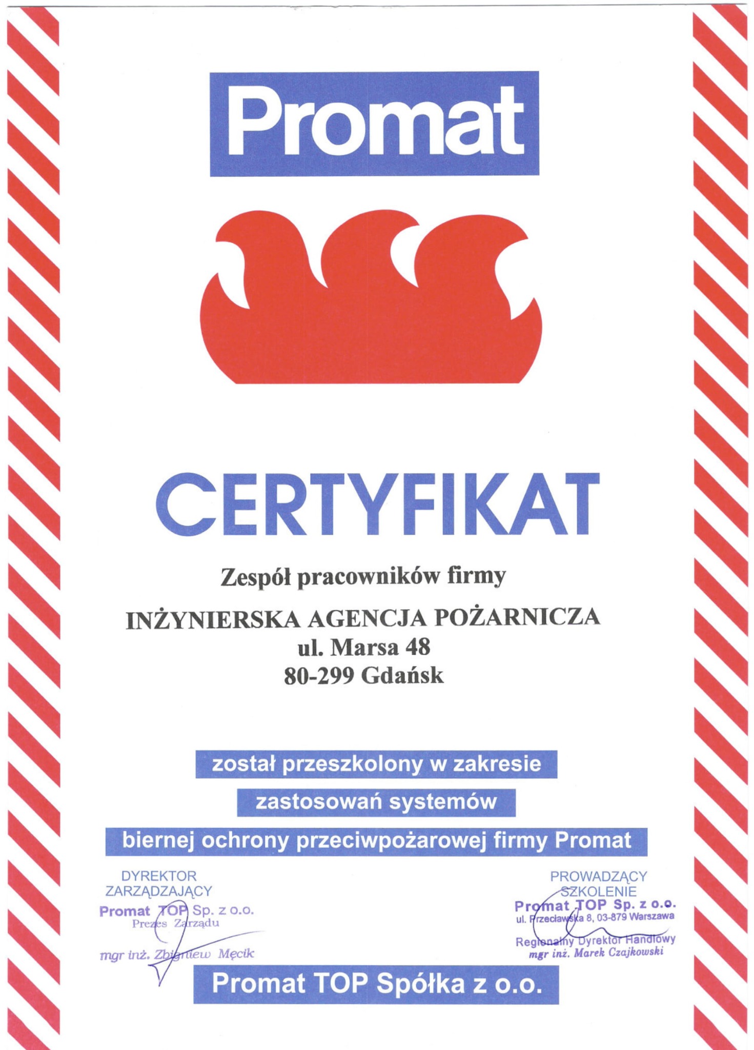 Certyfikat firmy Promat TOP Sp. z o.o. potwierdzający przeszkolenie w zakresie systemów biernej ochrony przeciwpożarowej, z podpisami dyrektora zarządzającego i prowadzącego szkolenie.