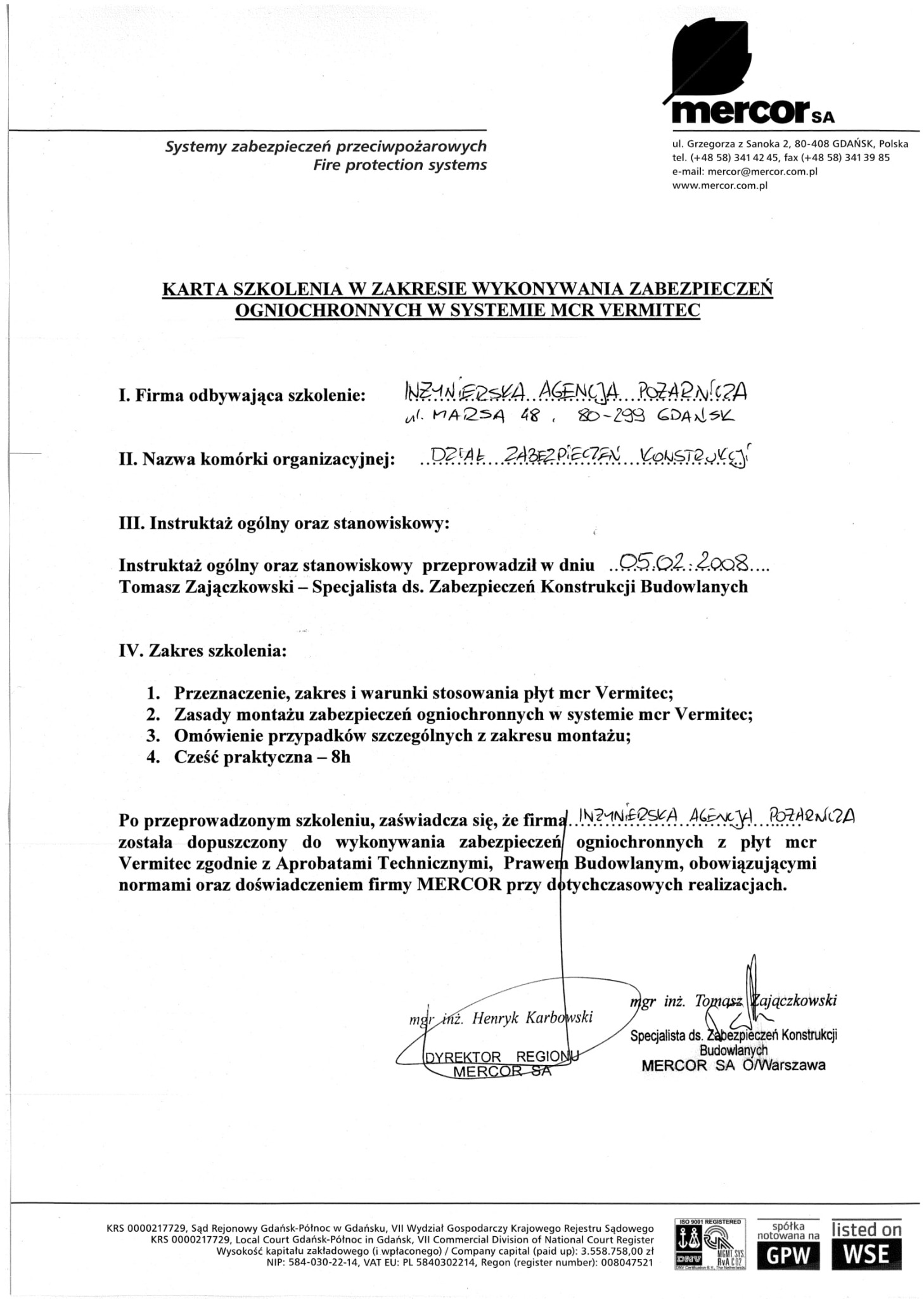 Skan karty szkolenia w zakresie wykonywania zabezpieczeń ogniochronnych w systemie MCR Vermitec, z pieczątkami i podpisami, wystawionej przez firmę Mercor SA.