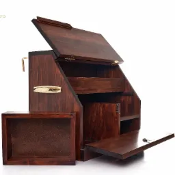 Ręcznie wykonana, drewniana sekretarzyka w odcieniach brązu, z otwartą klapą i szufladami, na białym tle, eksponująca detale wykonania i wykończenia.