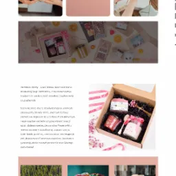 Zdjęcie strony internetowej prezentującej ofertę prezentów, w tym zestawy upominkowe z miodem, czekoladą i innymi produktami, aranżacja z suszonymi pomarańczami i dekoracjami.