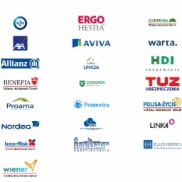 Kolekcja logotypów różnych firm ubezpieczeniowych, w tym PZU, Allianz, Warta, Aviva, Ergo Hestia, Uniqua, HDI, TUZ, Polisa-Życie, Compensa, Benefia, Proama, Nordea, InterRisk, Wiener, Concordia...