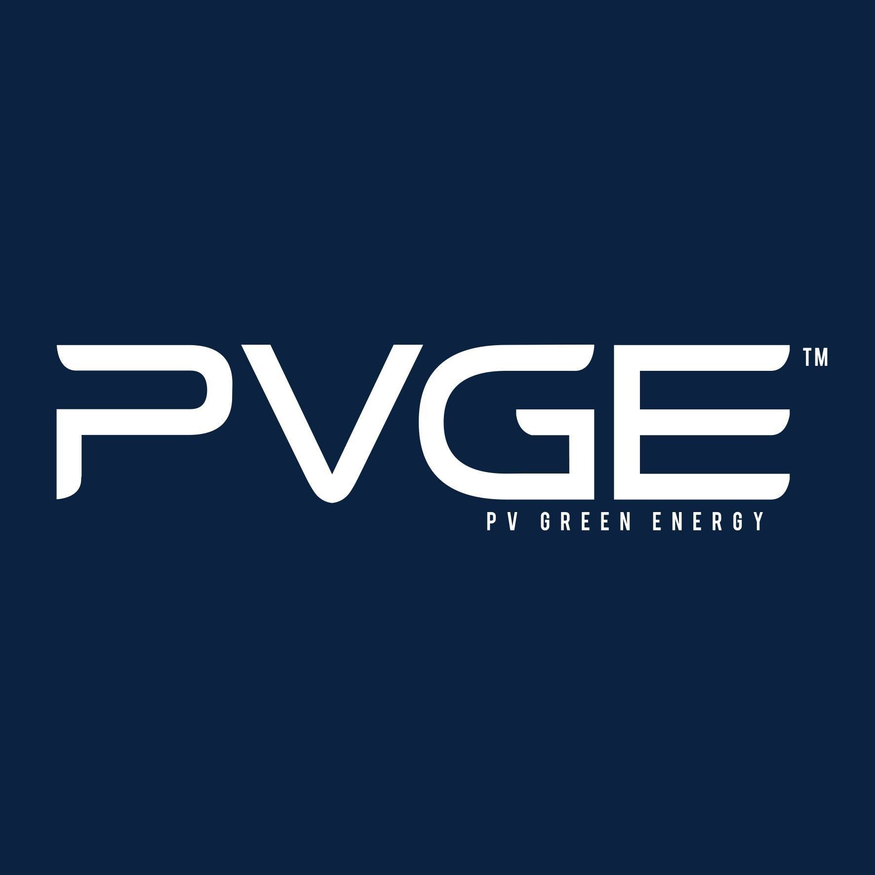 Logo PVGE - PV Green Energy na granatowym tle, białe litery z symbolem TM w prawym górnym rogu.