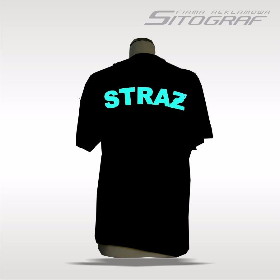 Czarna koszulka z krótkim rękawem z nadrukiem 'STRAŻ' w kolorze turkusowym, prezentowana na manekinie, z logo firmy Sitograf w górnym rogu.