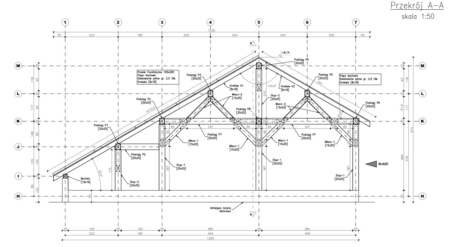 Rzut przekroju A-A dachu z elementami konstrukcyjnymi, w tym podciągami, krokwiami, słupami i mieczami, z wymiarami i oznaczeniami.