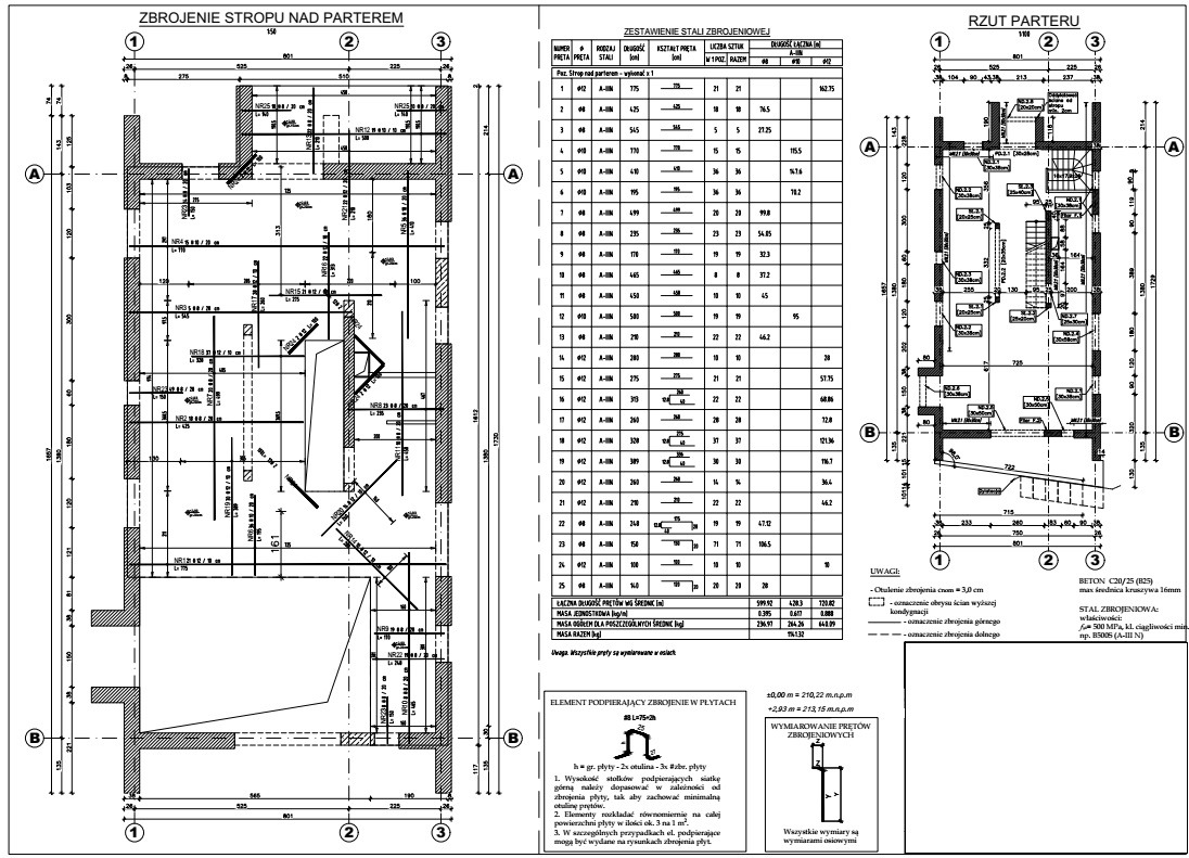 Rzut architektoniczny zbrojenia stropu nad parterem, zawierający zestawienie stali zbrojeniowej i wymiarowanie prętów zbrojeniowych.