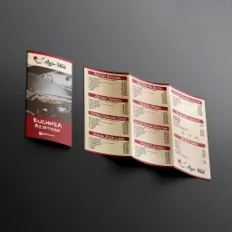 Rozłożona ulotka restauracji azjatyckiej Azja Wok prezentująca menu z zestawami dań kuchni azjatyckiej, w tym Sychuan, Teriyaki, Curry, Hoisin i Słodko Kwaśny, na ciemnoszarym tle.