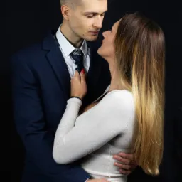 Mężczyzna w granatowym garniturze i kobieta w białej sukience obejmują się na czarnym tle, kobieta bawi się krawatem mężczyzny.