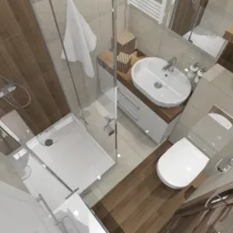 Wizualizacja nowoczesnej łazienki z kabiną prysznicową typu walk-in, umywalką nablatową na szafce z szufladami, podwieszaną toaletą i drewnopodobnymi płytkami na ścianach i podłodze, uzupełniona...