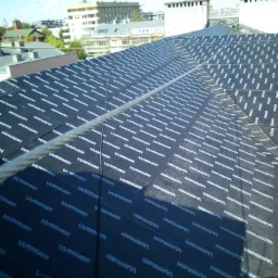 Czarna membrana dachowa z nadrukiem 'Werner' ułożona na dachu budynku mieszkalnego, widok z góry z linką zabezpieczającą przecinającą kadr.