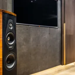 Dwa głośniki podłogowe z drewnianymi obudowami w nowoczesnym salonie z telewizorem na ścianie.