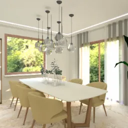 Wizualizacja jadalni z białym stołem na drewnianej podstawie, żółtymi krzesłami, szklanymi lampami wiszącymi, roślinami w wazonach i dużą rośliną doniczkową w plecionym koszu, na tle okna...