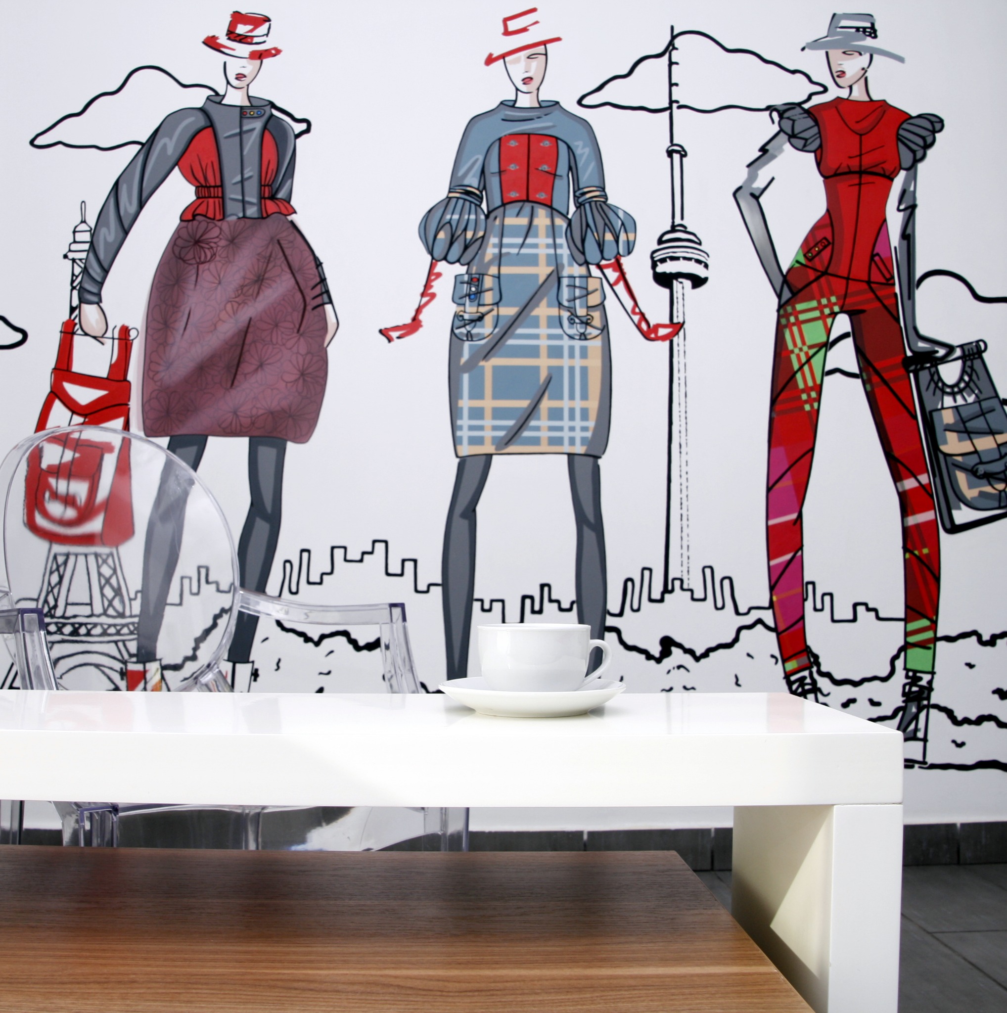 Salon fryzjerski w Sopocie. Poczekalnia z wykonanym przeze mnie malowidłem ściennym.