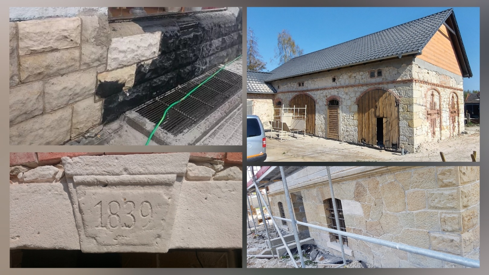 Kamienna elewacja budynku gospodarczego w trakcie renowacji, z widocznymi fragmentami oczyszczonej powierzchni, datą 1839 wyrytą w kamieniu, elementami hydroizolacji i rusztowaniami.