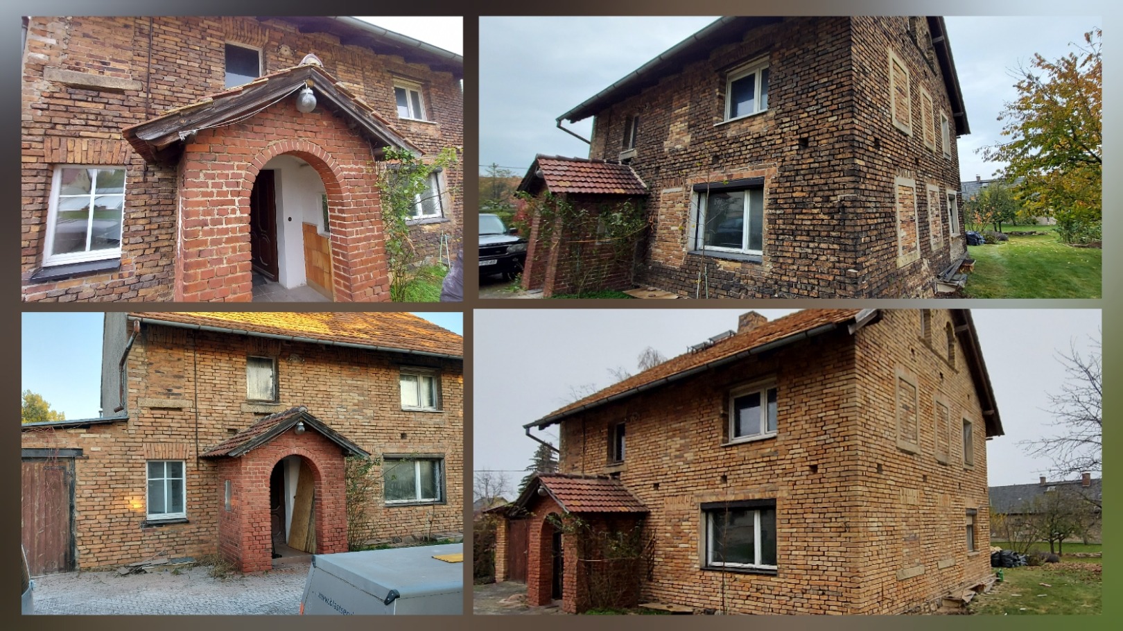 Cztery ujęcia elewacji dwukondygnacyjnego budynku z cegły klinkierowej, widoczne ślady zabrudzeń i porostów, okna z ciemnymi ramami, część okien zasłonięta, mały ceglany ganek z łukowym wejściem.