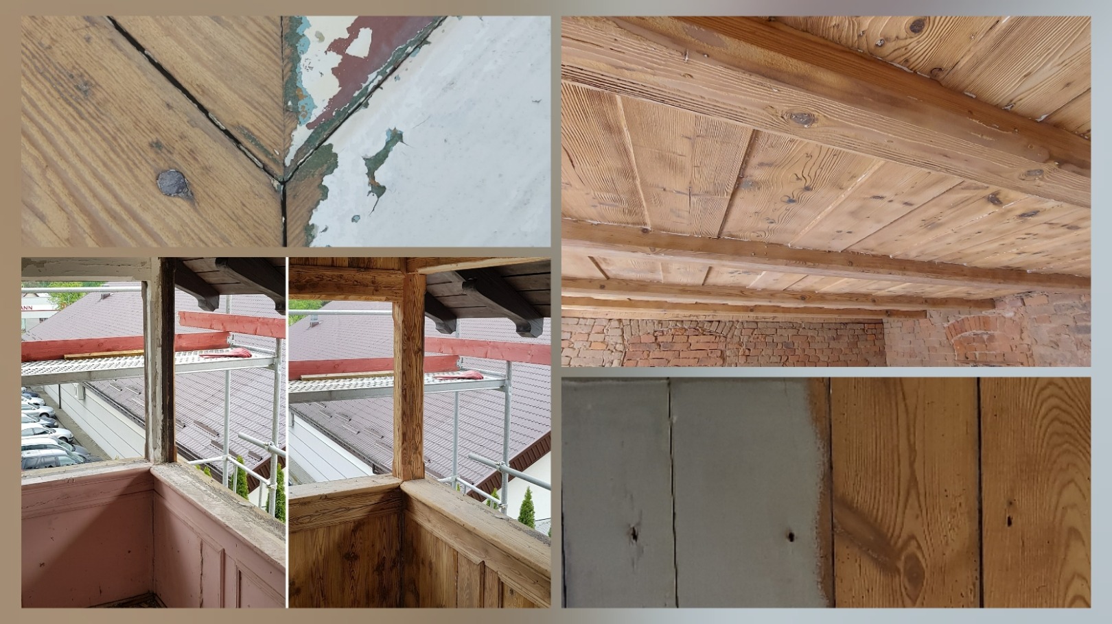 Mozaika zdjęć przedstawiająca elementy drewniane przed i w trakcie renowacji: fragment podłogi z ubytkiem, detale drewnianej konstrukcji balkonu z widokiem na rusztowanie, drewniany sufit z ceglaną...