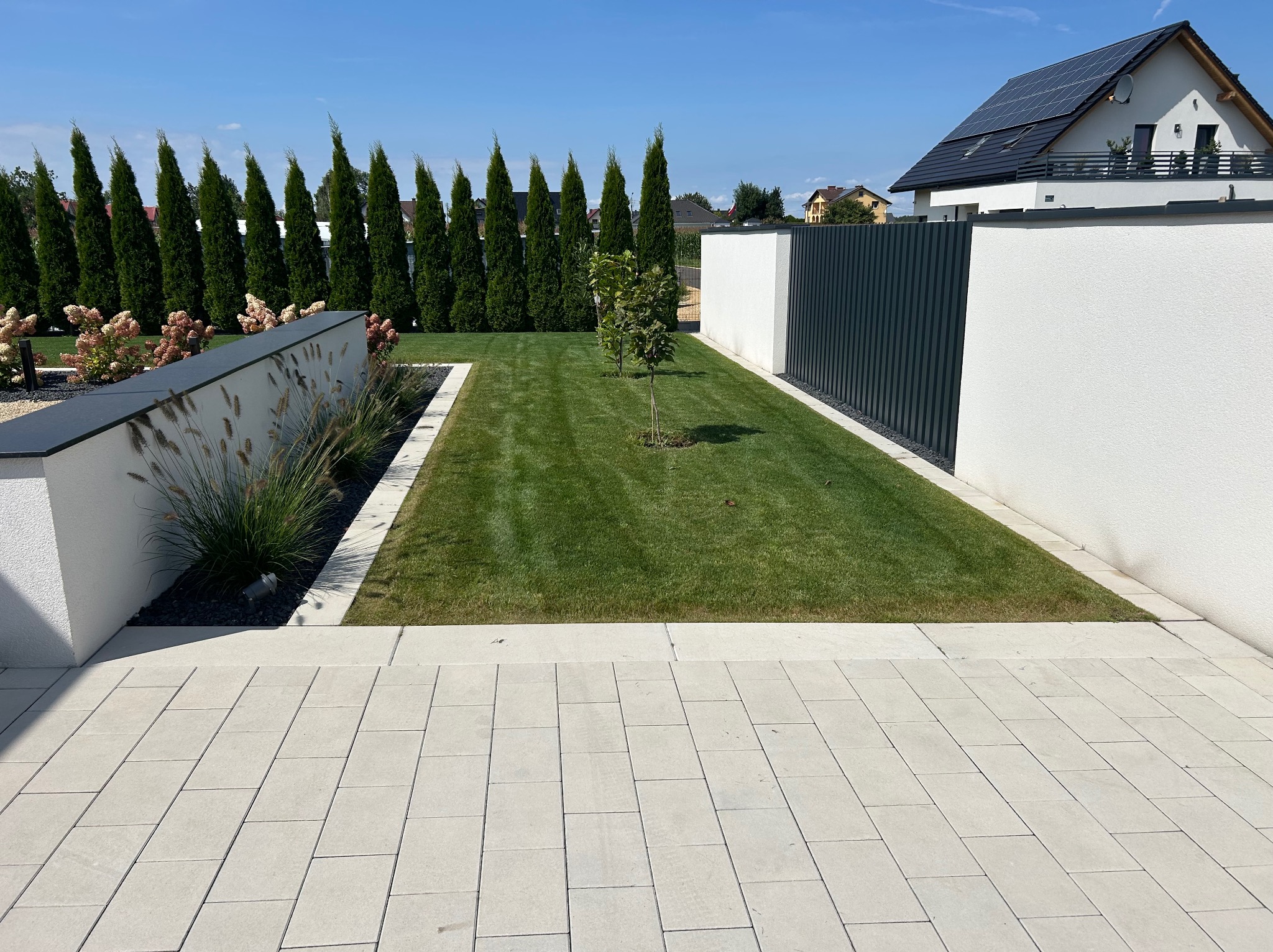 Nowoczesny ogród z równo przystrzyżonym trawnikiem, minimalistycznym ogrodzeniem z paneli, ozdobnymi trawami i kostką brukową w jasnym odcieniu szarości.
