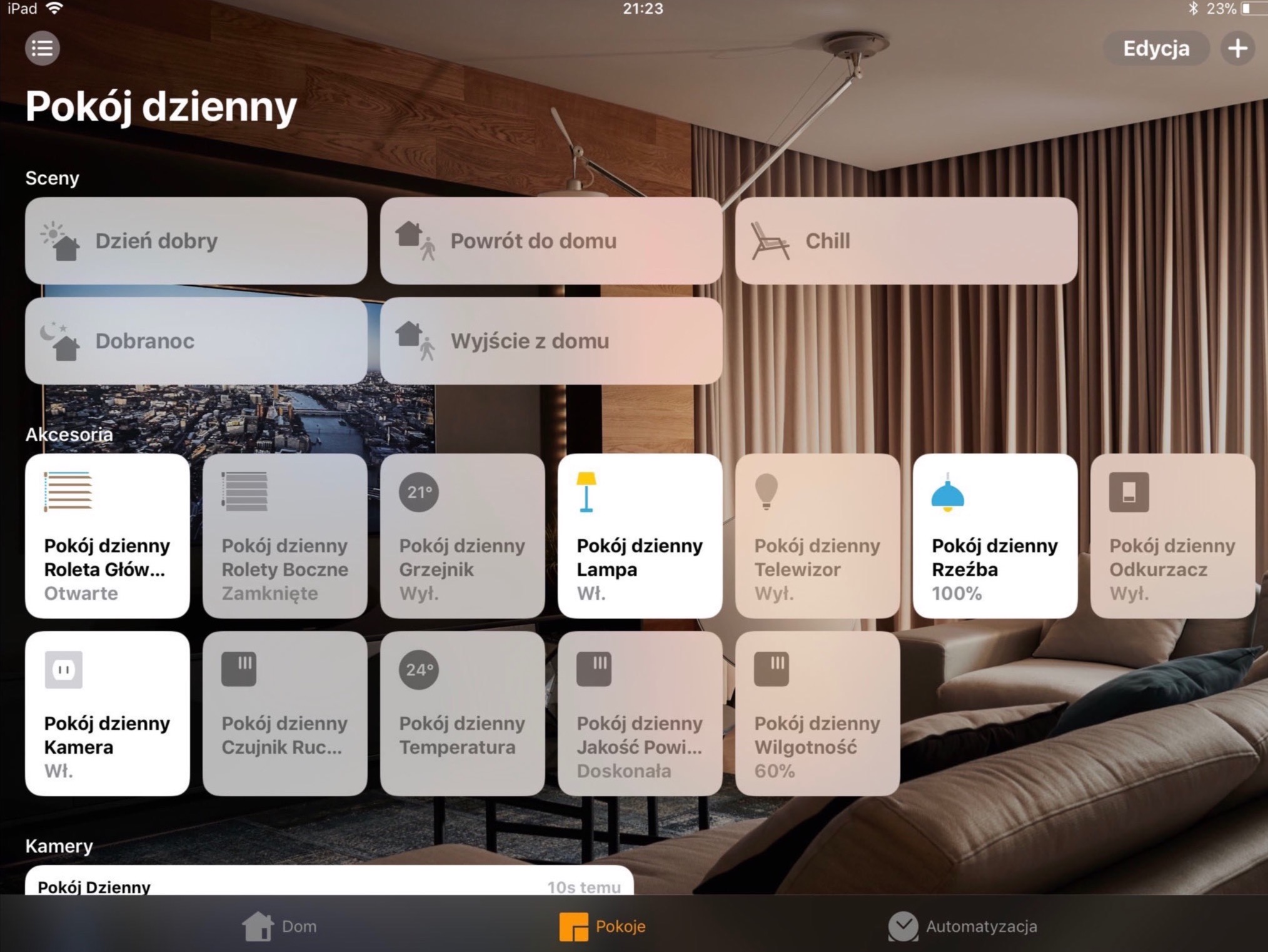 Wygląd systemu. Sterowanie urządzeniami inteligentnego domu w pokoju dziennym.
