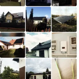 Różne ujęcia instalacji fotowoltaicznych na dachach domów jednorodzinnych i na gruncie, panele słoneczne, inwertery i okablowanie.