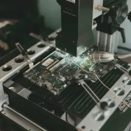 Płyta główna laptopa zamontowana w stacji BGA rework ACHI Technician, poddawana procesowi naprawy, z widocznym mikroskopem i źródłem światła punktowego.