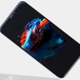 Smartfon z czarną obudową, ekran wyświetla abstrakcyjną grafikę z plamami niebieskiej i czerwonej farby na czarnym tle.