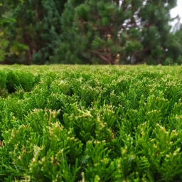 Gęsty, niski żywopłot z iglaków, świeżo przycięty, z widocznymi ciemnozielonymi drzewami w tle i fragmentem metalowego ogrodzenia.