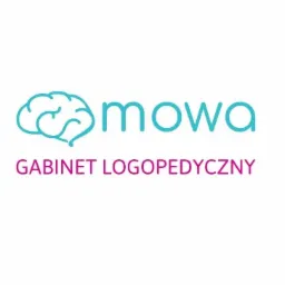 Logo gabinetu z niebieskim symbolem mózgu i napisem 'mowa' oraz fuksjowym napisem 'GABINET LOGOPEDYCZNY'.