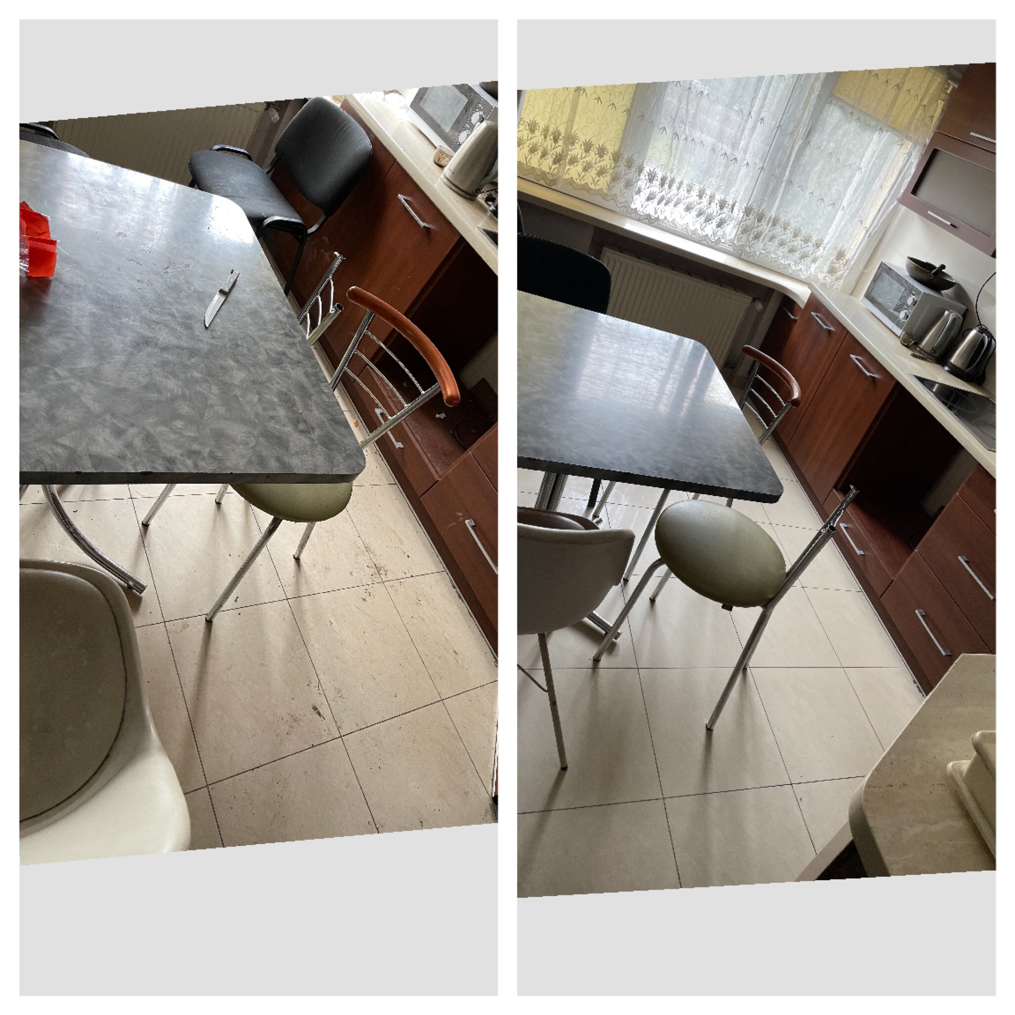 Zdjęcie 'przed i po' przedstawia kuchnię z ciemnym stołem i krzesłami. Po lewej stronie, na stole leży nóż i czerwone opakowanie. Po prawej stronie stół jest czysty. Widoczne są również szafki...