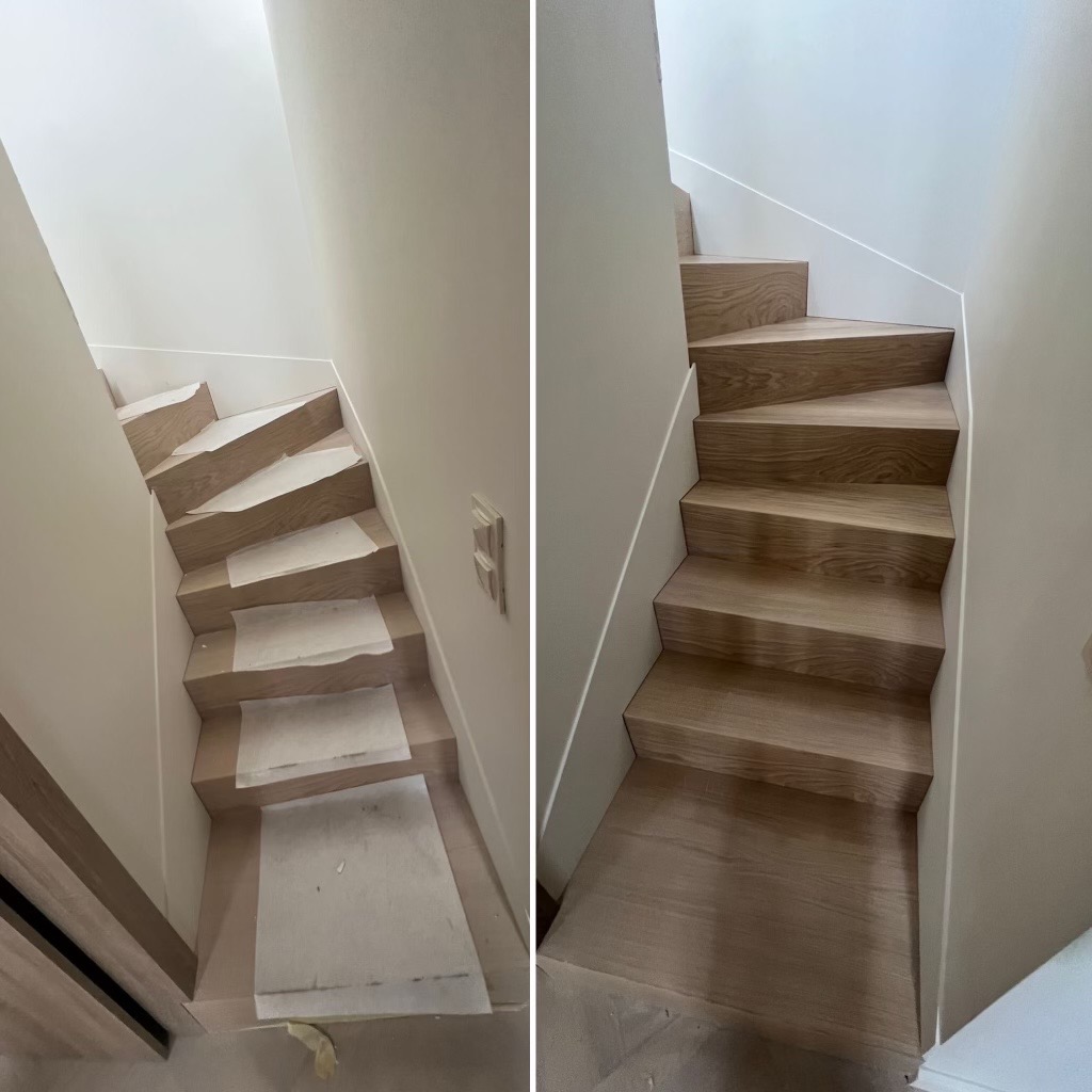 Dwa ujęcia tych samych schodów: po lewej zabezpieczone papierem malarskim, po prawej gotowe, wykończone drewniane stopnie w jasnym odcieniu, białe ściany i listwy przypodłogowe.