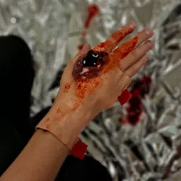 Ręka z realistyczną symulacją rany postrzałowej na dłoni, pokryta sztuczną krwią, w tle srebrna folia.