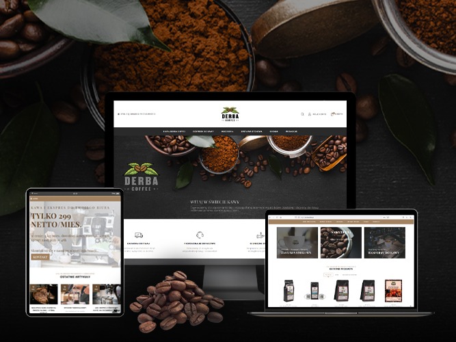 Responsywna strona internetowa firmy Derba Coffee wyświetlana na laptopie, tablecie i smartfonie, z widocznymi ziarnami kawy i zmieloną kawą w tle.