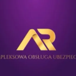 Złote logo firmy ubezpieczeniowej AR na fioletowym tle z napisem 'Kompleksowa Obsługa Ubezpieczeń'.