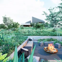 Nowoczesny ogród z paleniskiem otoczonym betonowymi siedziskami i drewnianą ławką z poduszkami, z widokiem na minimalistyczny dom z płaskim dachem i bujną roślinnością.