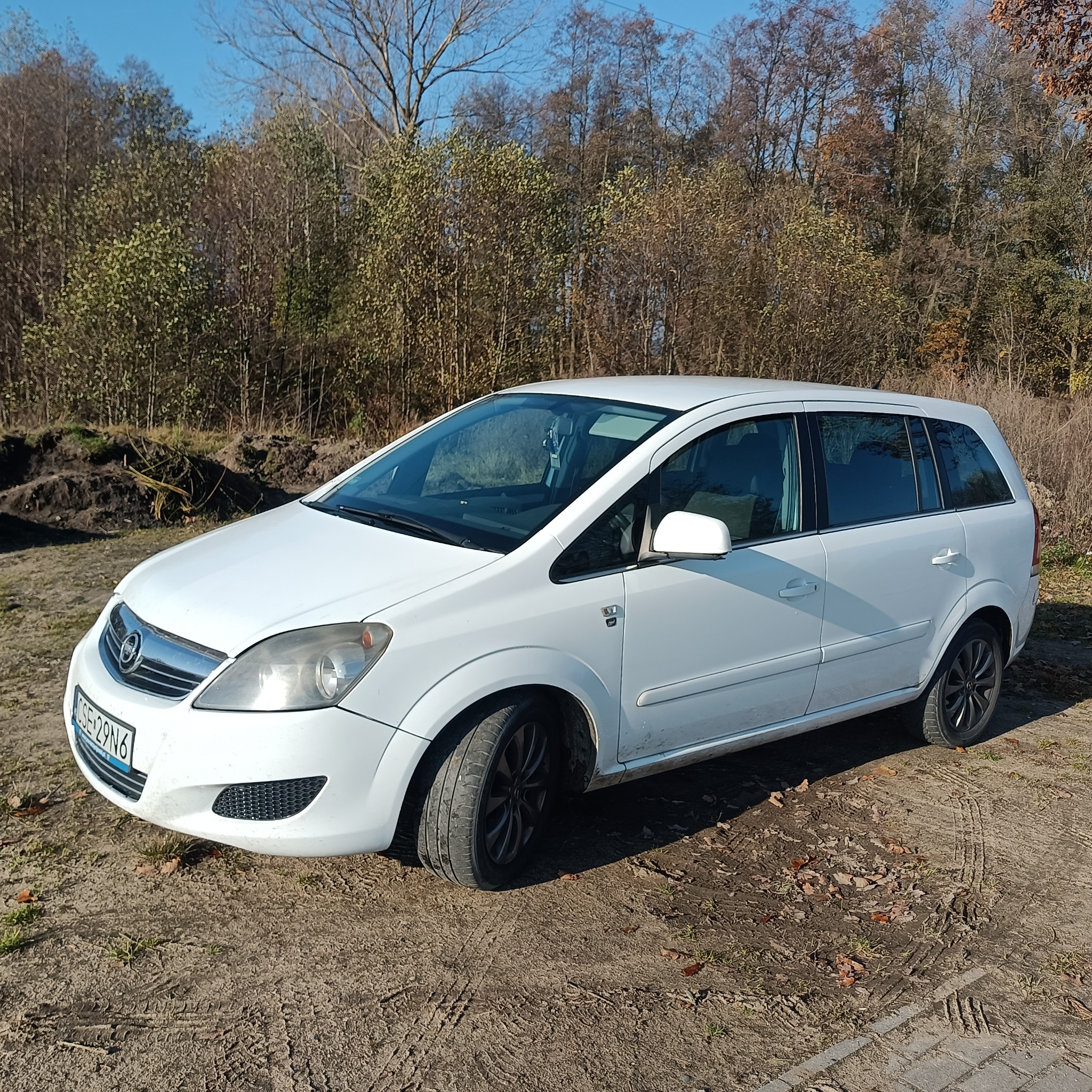 Biały Opel Zafira na tle drzew bez liści, zaparkowany na ziemistej nawierzchni z widocznymi śladami opon. Słoneczny dzień, błękitne niebo.