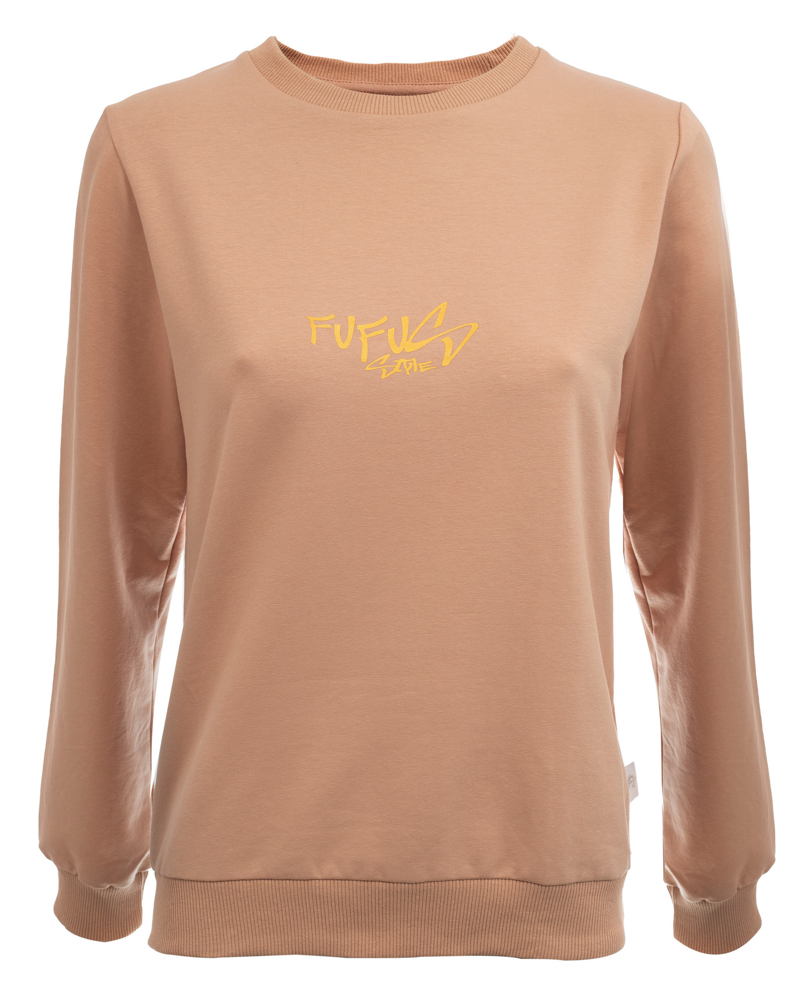 Beżowa bluza dresowa z długim rękawem i żółtym napisem 'FUFU STYLE' na środku, prezentowana na białym tle.
