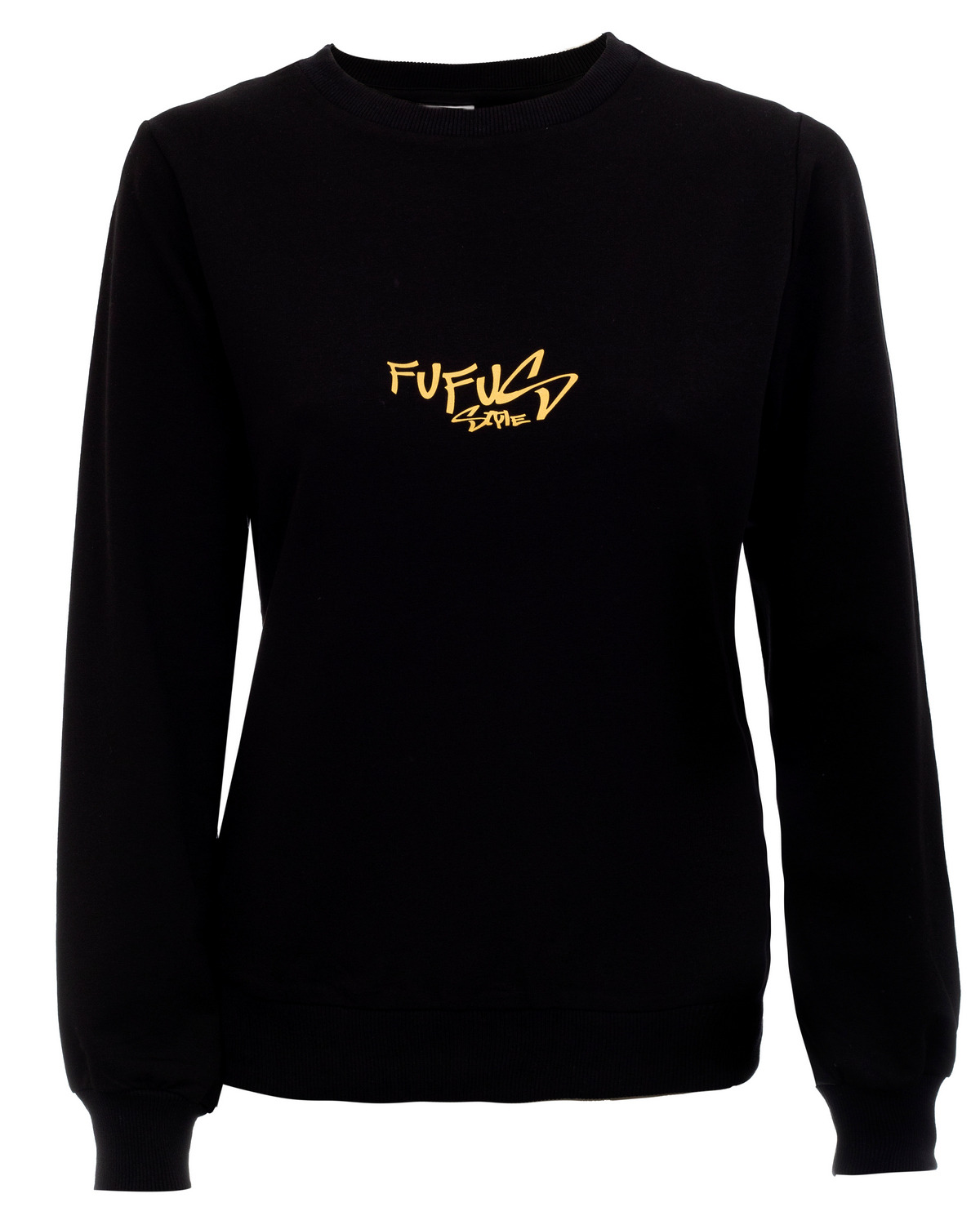 Czarna bluza dresowa z długim rękawem, z abstrakcyjnym, złotym napisem 'FUFUC Simple' na piersi, prezentowana na białym tle.