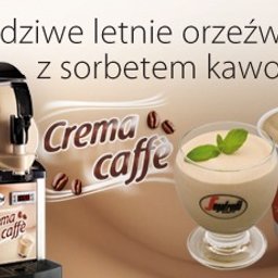 Segafredo Zanetti Poland Sp. z o.o. - Urządzenie do sorbetu kawowego Crema Caffe obok szklanki i kubka z gotowym sorbetem kawowym, ziarna kawy w tle.