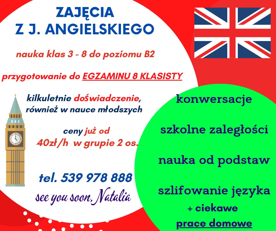 Ogłoszenie zajęć z języka angielskiego dla uczniów klas 3-8, przygotowanie do egzaminu ósmoklasisty, konwersacje, pomoc w szkolnych zaległościach, nauka od podstaw, szlifowanie języka, ciekawe...