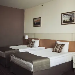 Pokój hotelowy z dwoma pojedynczymi łóżkami, brązowymi narzutami i poduszkami w paski, oświetleniem ściennym i obrazami na ścianach.