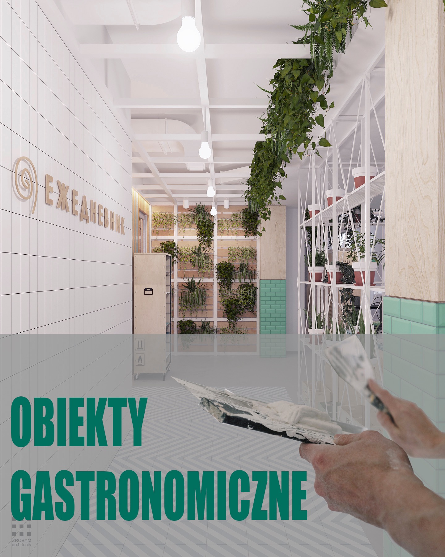 Wnętrze lokalu gastronomicznego w trakcie wykańczania: białe płytki na ścianach z drewnianym logo, rośliny doniczkowe, oraz dłonie trzymające szpachelkę z gładzią.