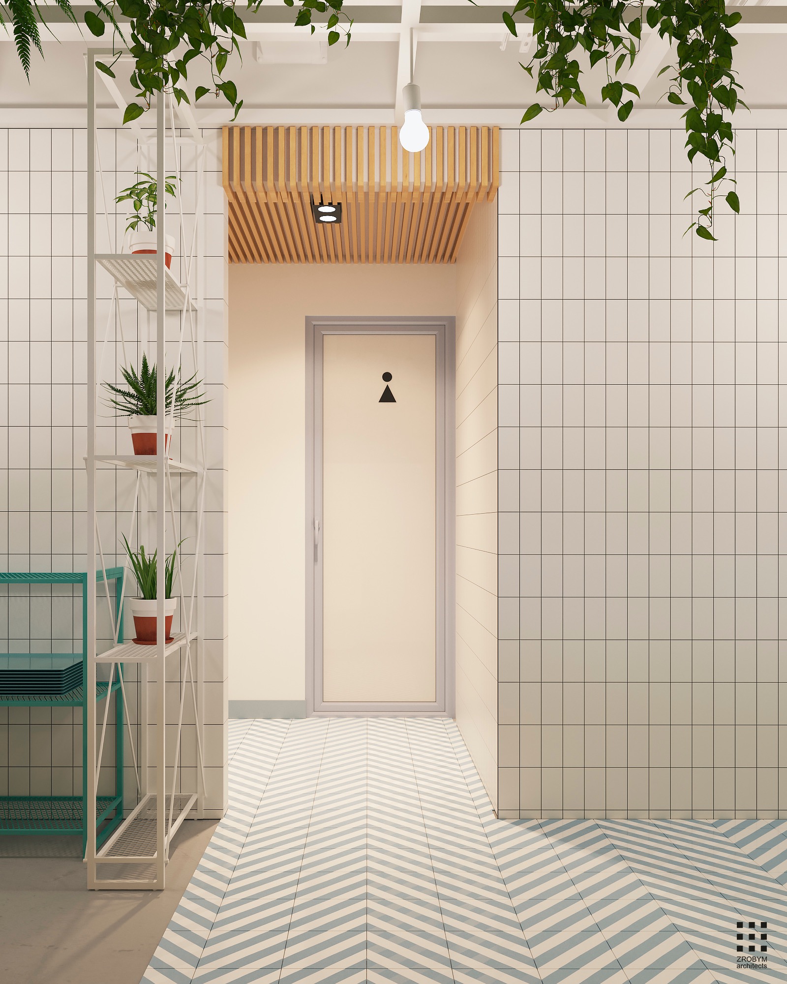 Projekt łazienki w budynku usługowym: białe kafelki, podłoga w jodełkę z niebieskimi pasami, drewniane lamele nad wejściem i wiszące rośliny.