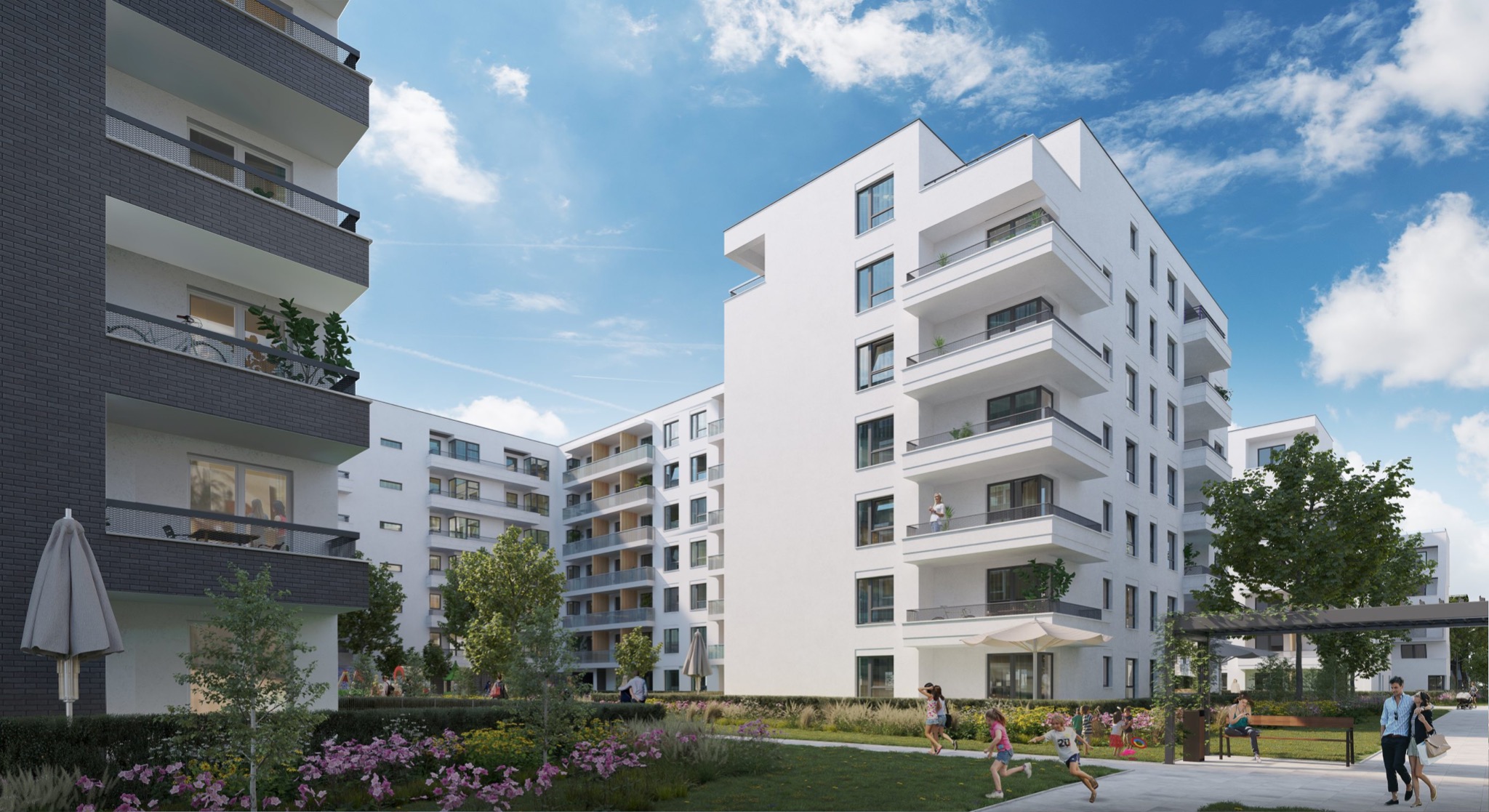 Wizualizacja kompleksu budynków mieszkalnych z balkonami, otoczonego zielenią i alejkami spacerowymi, błękitne niebo z chmurami w tle.