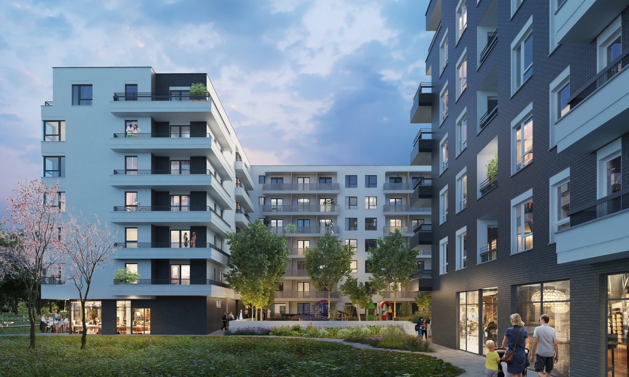Kompleks nowoczesnych budynków wielorodzinnych z balkonami, widok na dziedziniec z zielenią, placem zabaw i spacerującymi ludźmi, elewacja w kolorach bieli i grafitu.